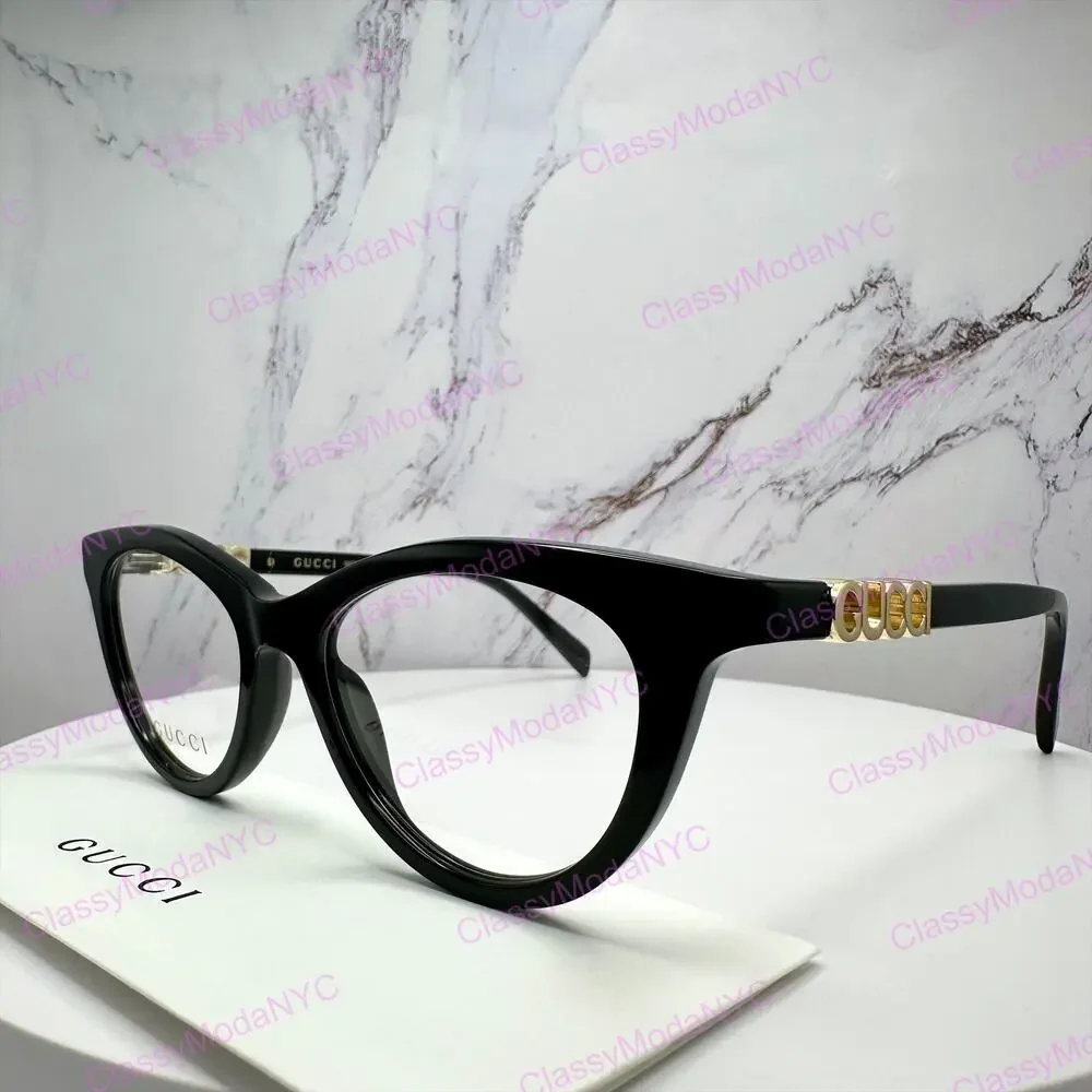 New GUCCI Eyeglasses Black 50mm Acetate Cat Eye Gold Cut Out Metal Logo Rx-able